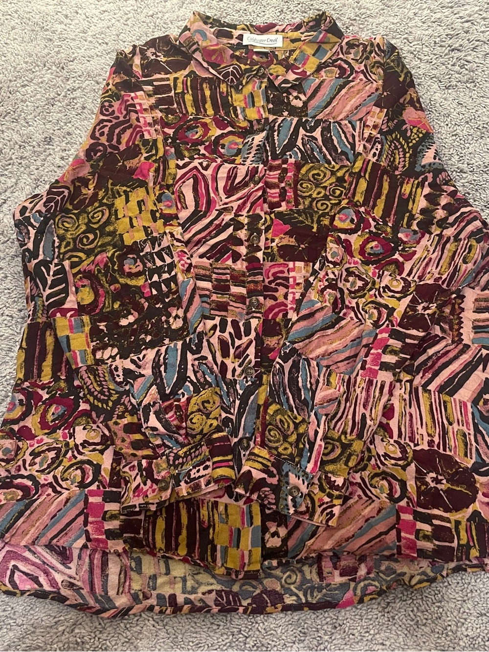 Coldwater Creek Multicolor Abstract Print Button-Up - Pink, Yellow, Blue, Brown